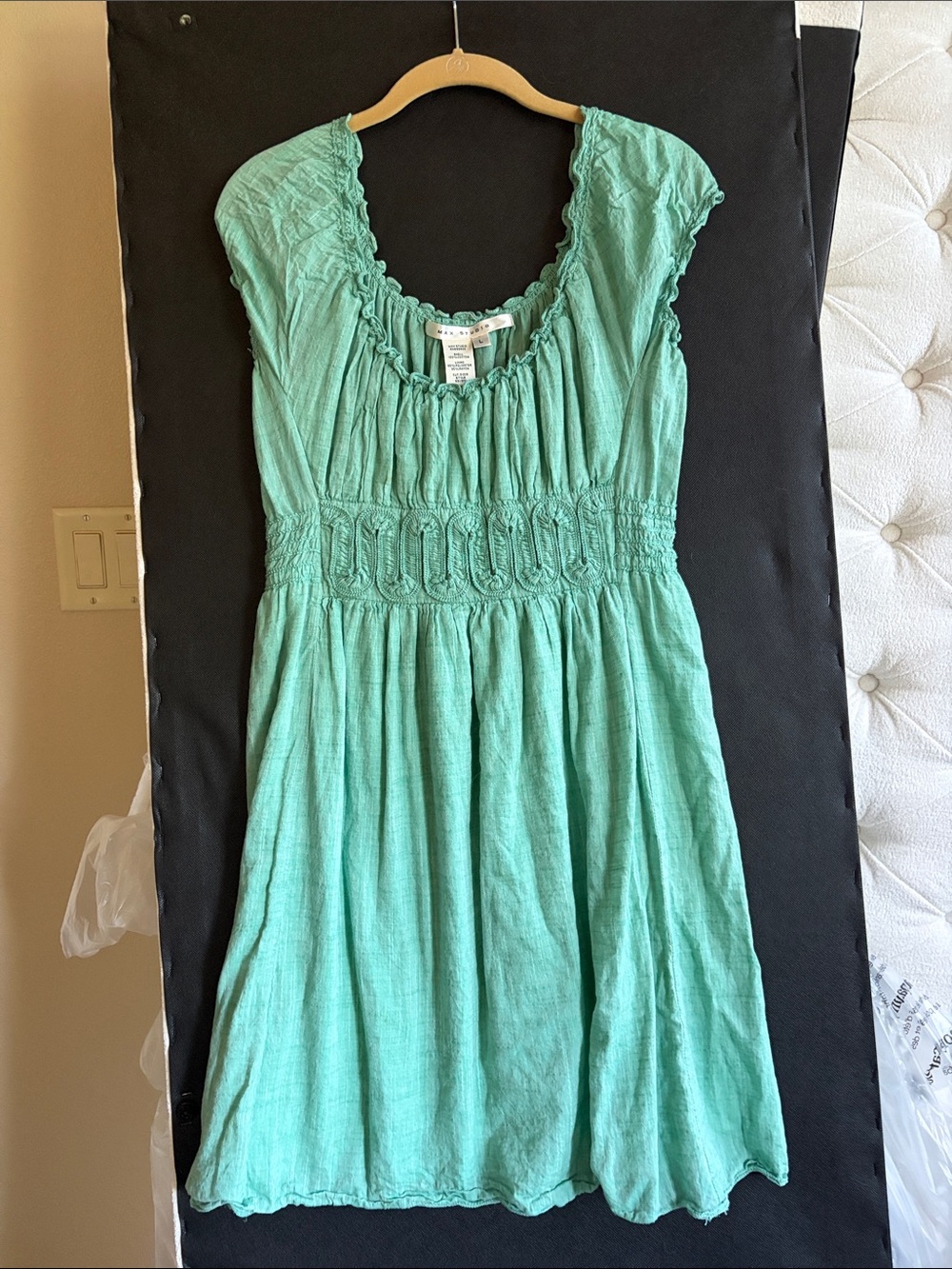 Max Studio Mint Green Short Sleeve Smocked Waist Mini Dress
